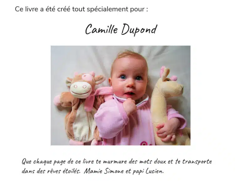 Exemple de dédicace pour une petite Camille, faite par ses grands-parents dans son livre personnalisé