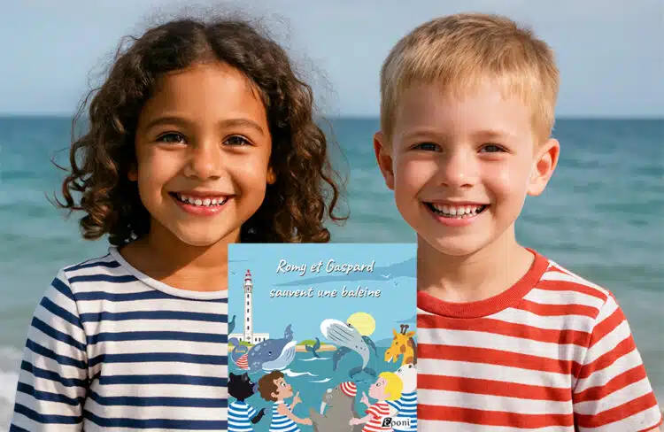 Frère et sœur jumeaux avec leur livre personnalisé